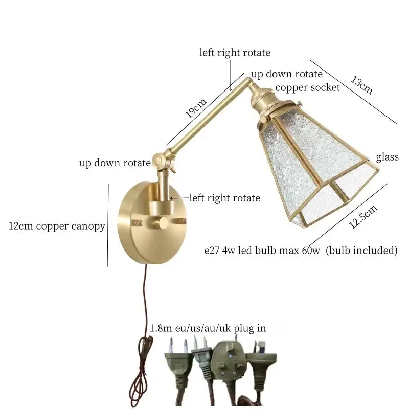 Nordic brass and clear glass wall sconce with bedroom pull chain
