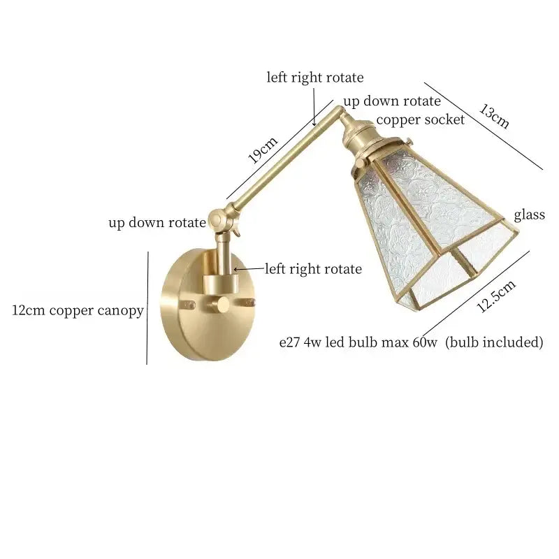 Nordic brass and clear glass wall sconce with bedroom pull chain
