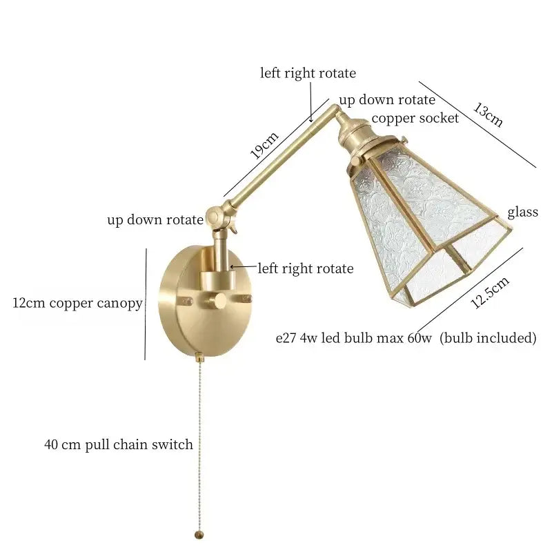 Nordic brass and clear glass wall sconce with bedroom pull chain
