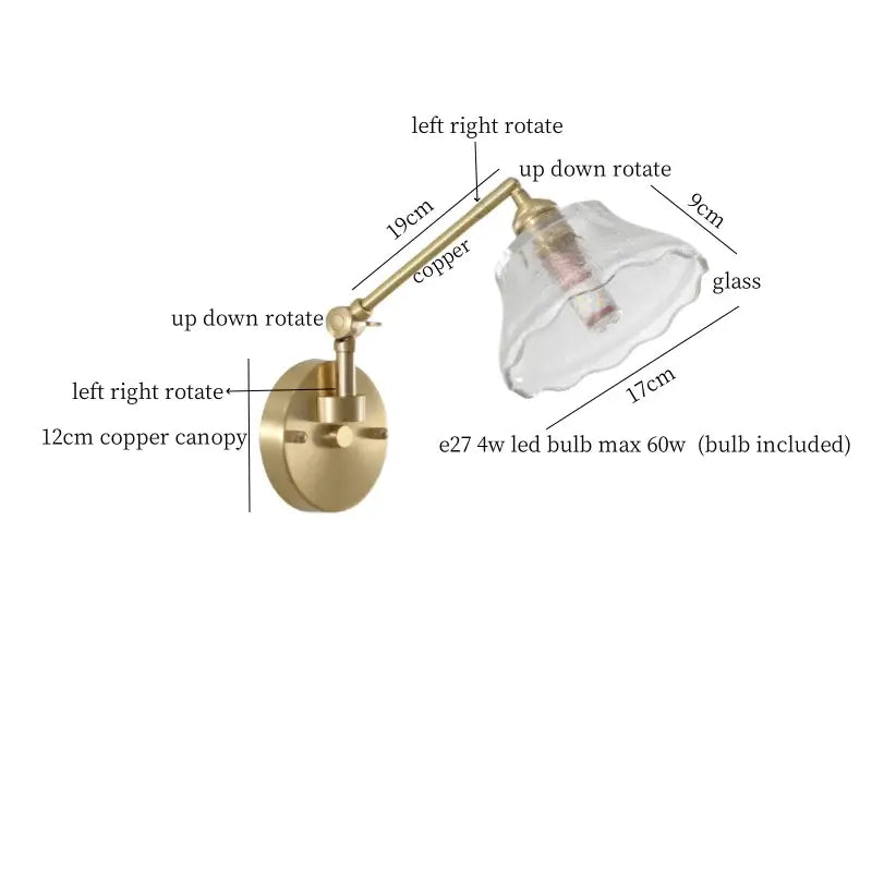 Nordic brass and clear glass wall sconce with bedroom pull chain
