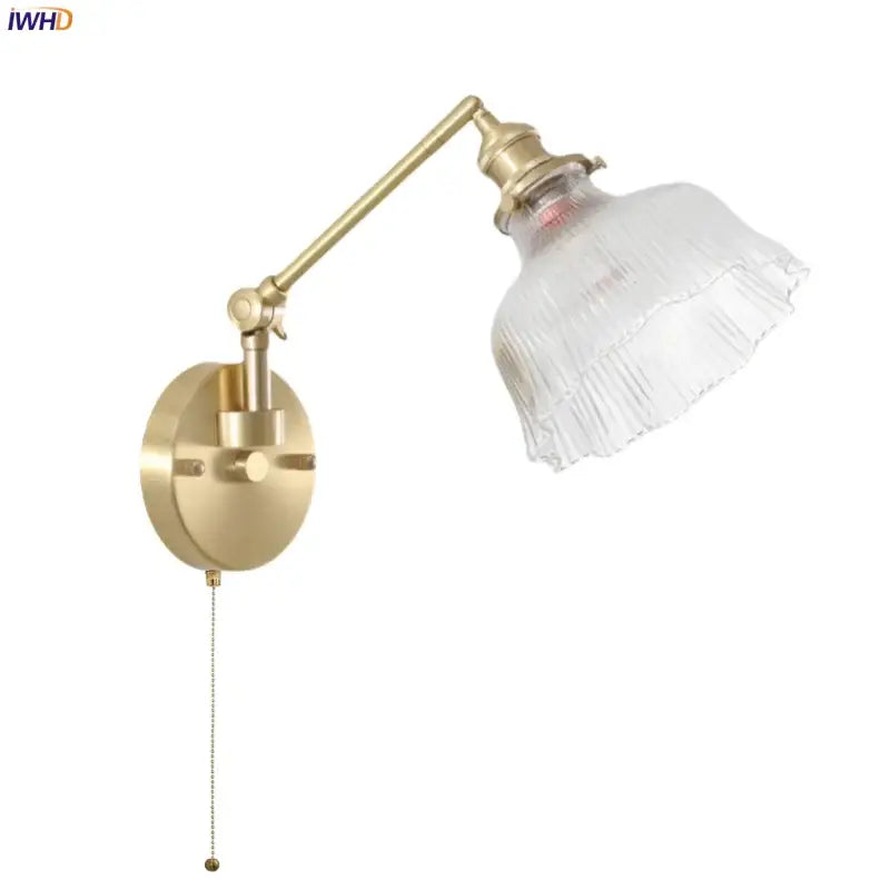 Nordic brass and clear glass wall sconce with bedroom pull chain