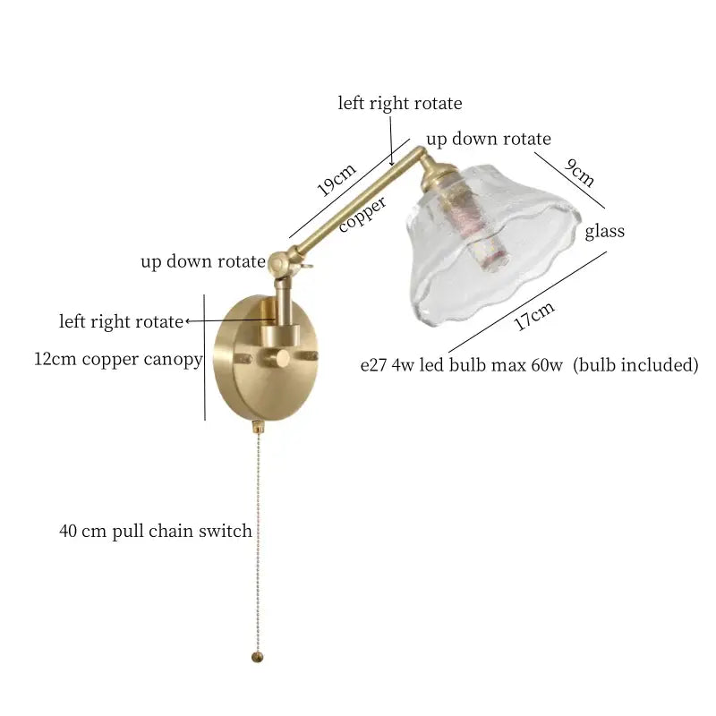 Nordic brass and clear glass wall sconce with bedroom pull chain