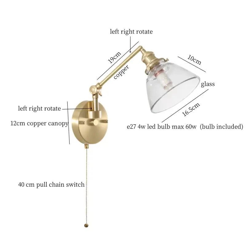 Nordic brass and clear glass wall sconce with bedroom pull chain