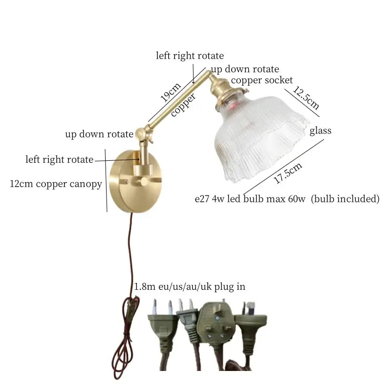 Nordic brass and clear glass wall sconce with bedroom pull chain
