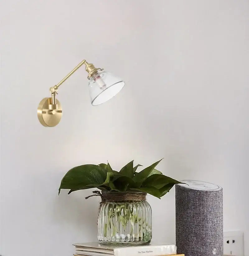 Nordic brass and clear glass wall sconce with bedroom pull chain