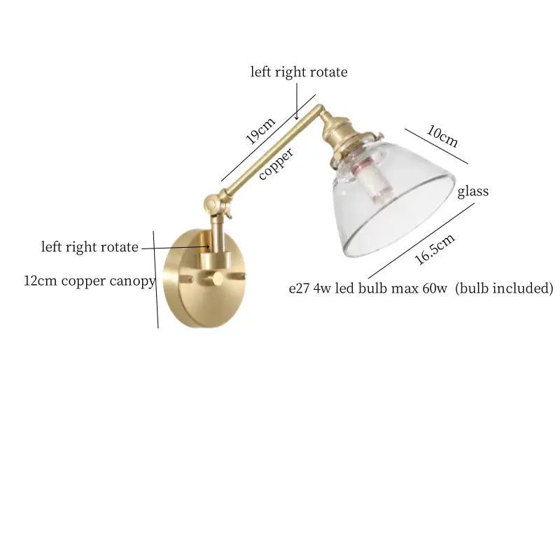 Nordic brass and clear glass wall sconce with bedroom pull chain