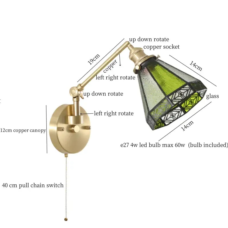 Nordic brass and clear glass wall sconce with bedroom pull chain