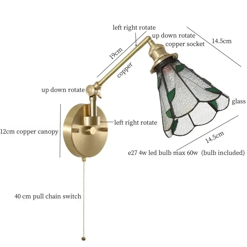Nordic brass and clear glass wall sconce with bedroom pull chain