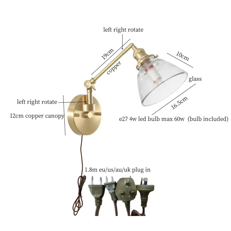 Nordic brass and clear glass wall sconce with bedroom pull chain