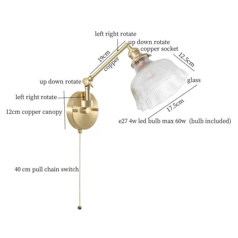 Nordic brass and clear glass wall sconce with bedroom pull chain
