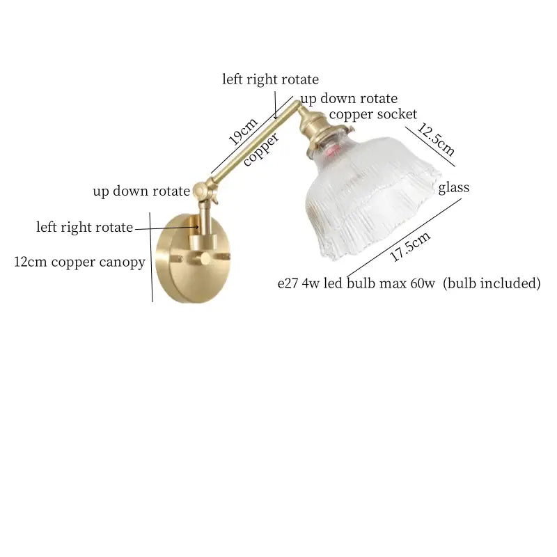 Nordic brass and clear glass wall sconce with bedroom pull chain