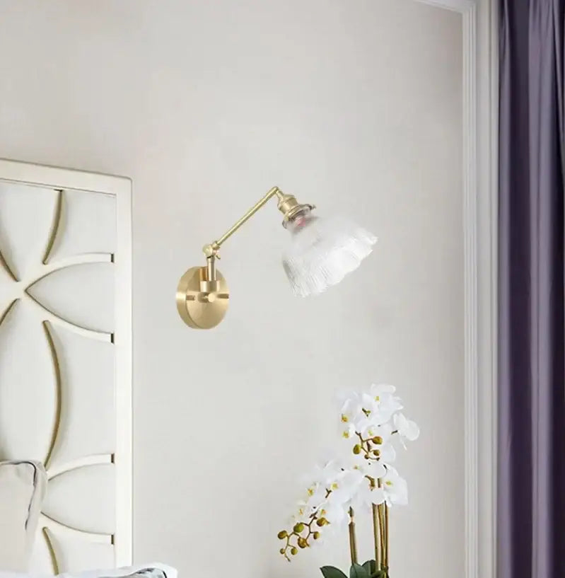 Nordic brass and clear glass wall sconce with bedroom pull chain