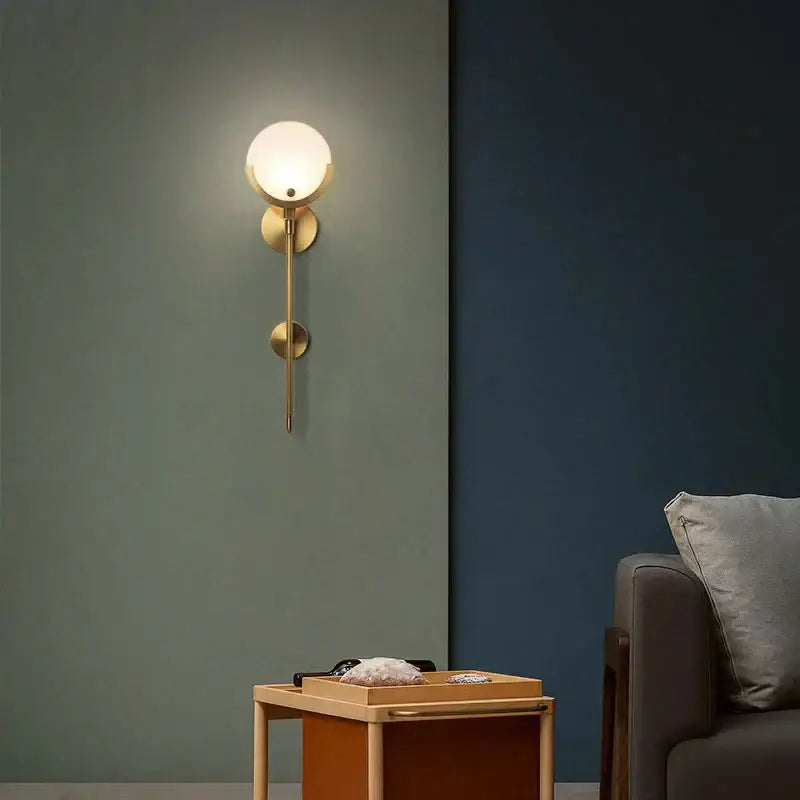 Nordic brass and marble wall lamp for bedroom with frosted glass shade