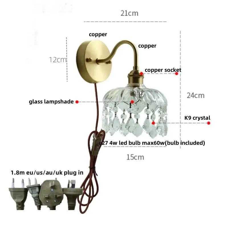 Nordic brass crystal glass led wall light bedroom pull chain sconce
