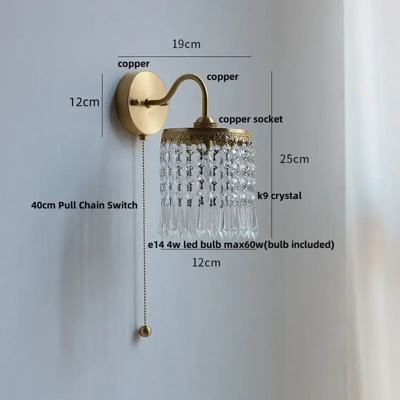 Nordic brass crystal glass led wall light bedroom pull chain sconce