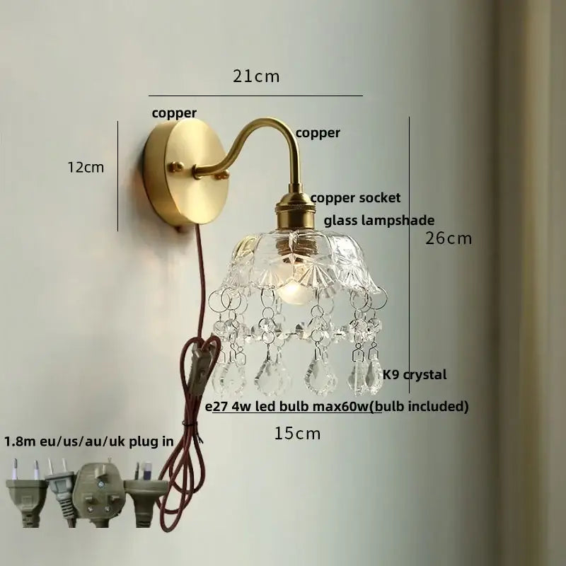 Nordic brass crystal glass led wall light bedroom pull chain sconce