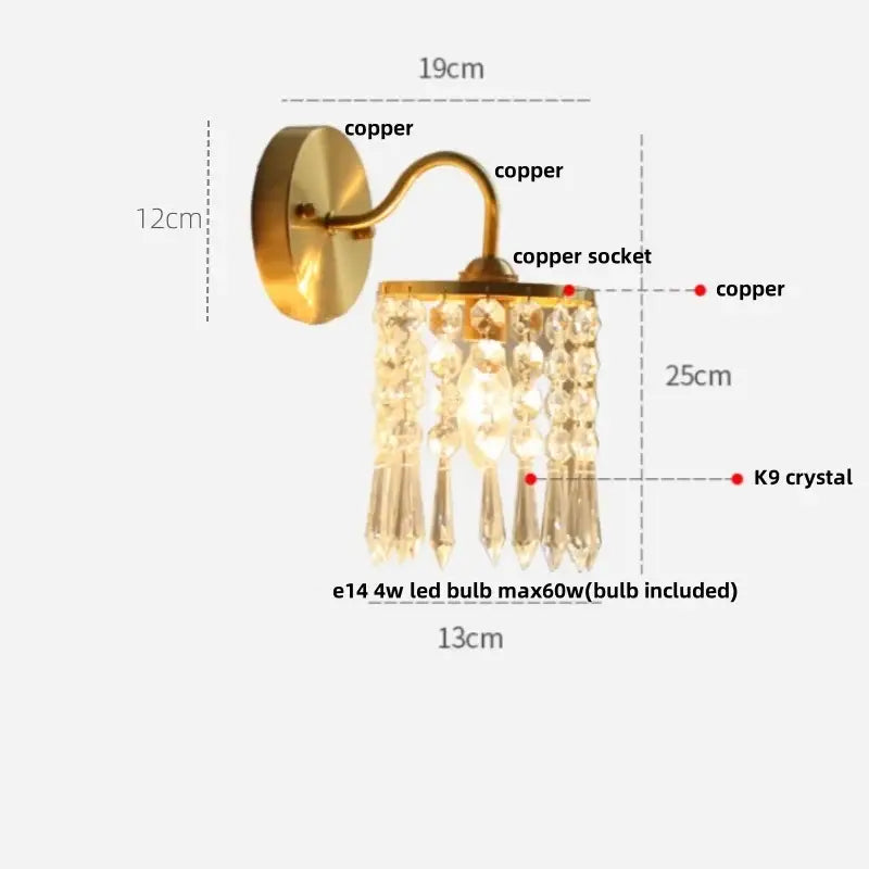 Nordic brass crystal glass led wall light bedroom pull chain sconce