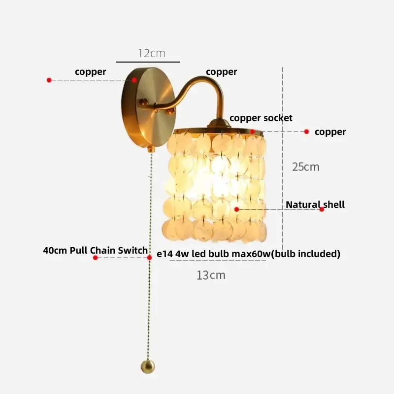 Nordic brass crystal glass led wall light bedroom pull chain sconce