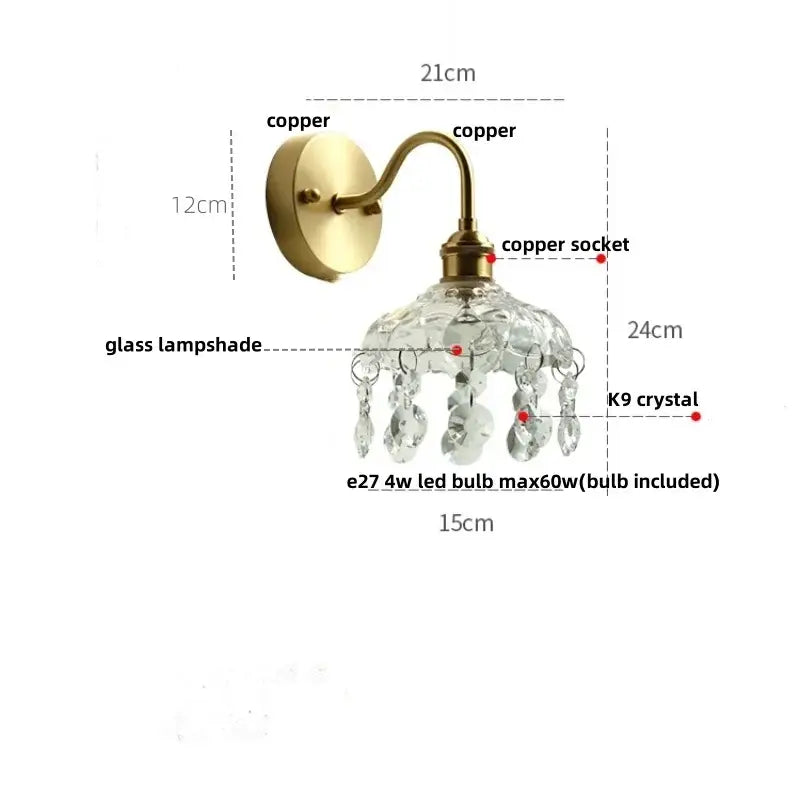 Nordic brass crystal glass led wall light bedroom pull chain sconce