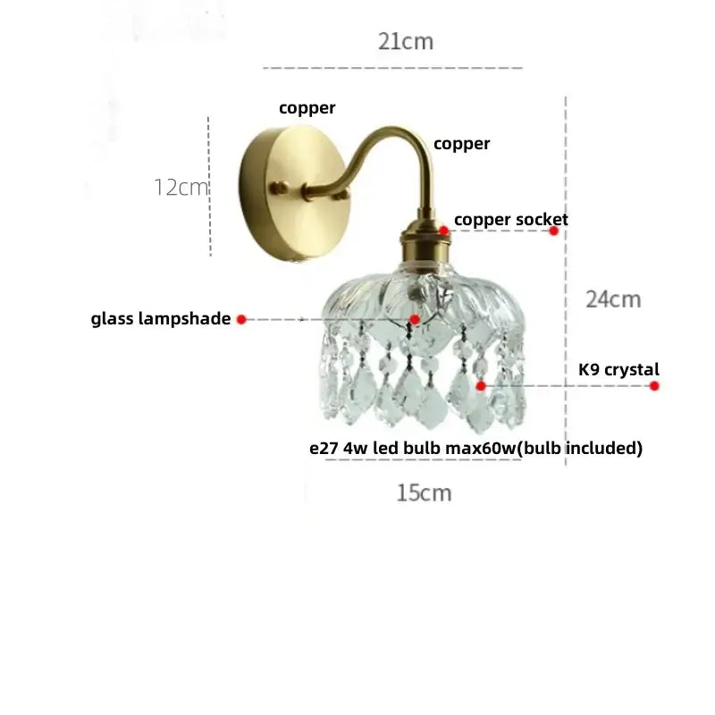 Nordic brass crystal glass led wall light bedroom pull chain sconce