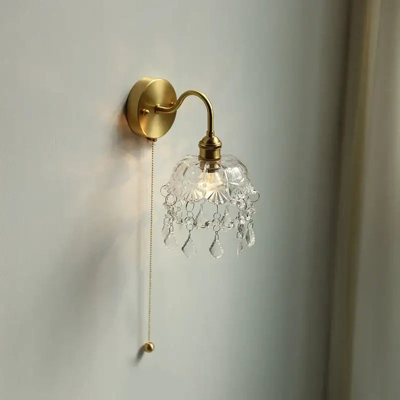 Nordic brass crystal glass led wall light bedroom pull chain sconce