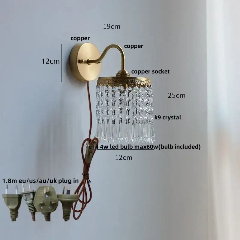 Nordic brass crystal glass led wall light bedroom pull chain sconce