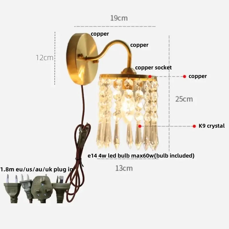 Nordic brass crystal glass led wall light bedroom pull chain sconce