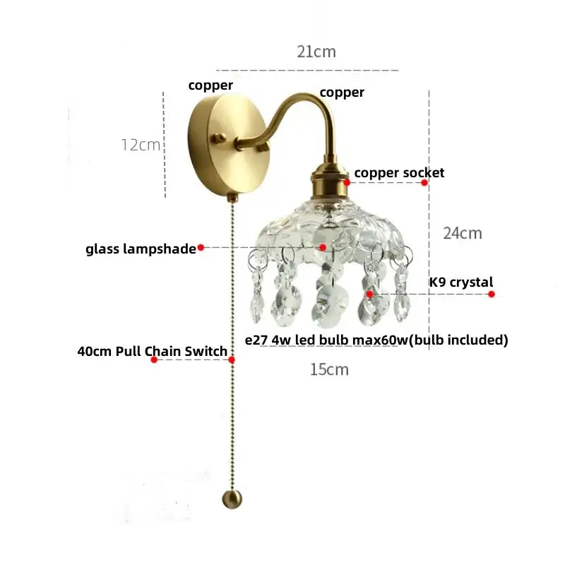 Nordic brass crystal glass led wall light bedroom pull chain sconce
