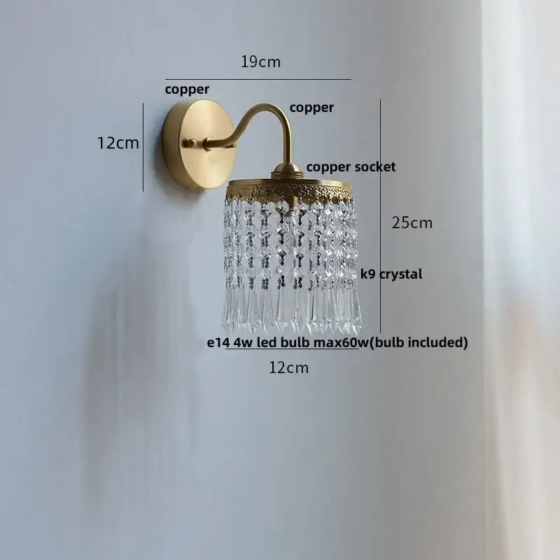Nordic brass crystal glass led wall light bedroom pull chain sconce