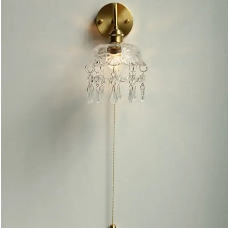 Nordic brass crystal glass led wall light bedroom pull chain sconce