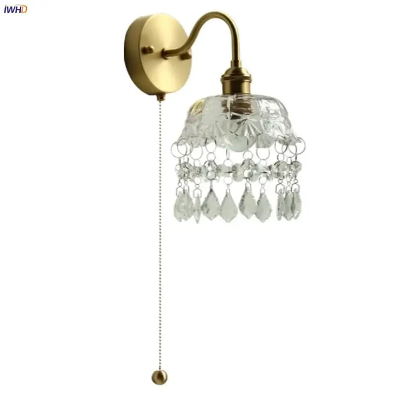 Nordic brass crystal glass led wall light bedroom pull chain sconce