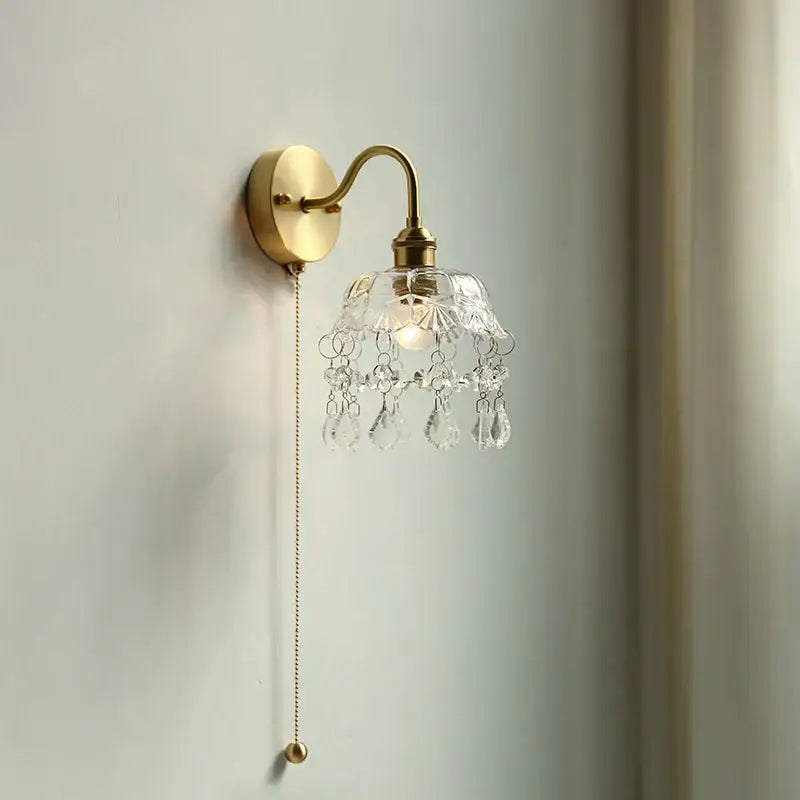Nordic brass crystal glass led wall light bedroom pull chain sconce