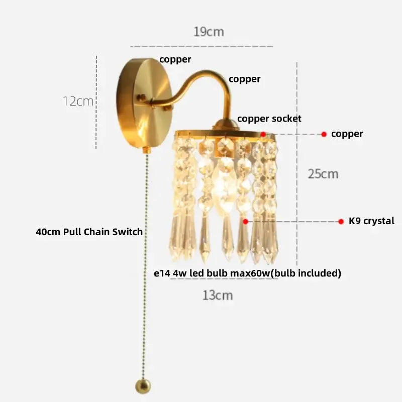 Nordic brass crystal glass led wall light bedroom pull chain sconce