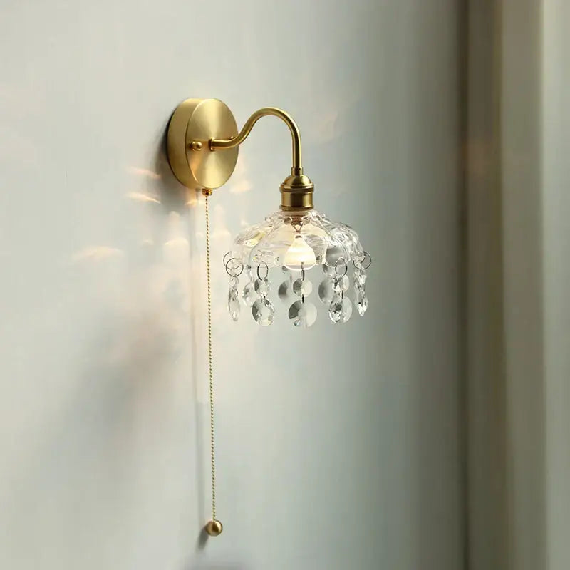 Nordic brass crystal glass led wall light bedroom pull chain sconce