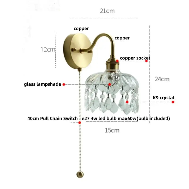 Nordic brass crystal glass led wall light bedroom pull chain sconce