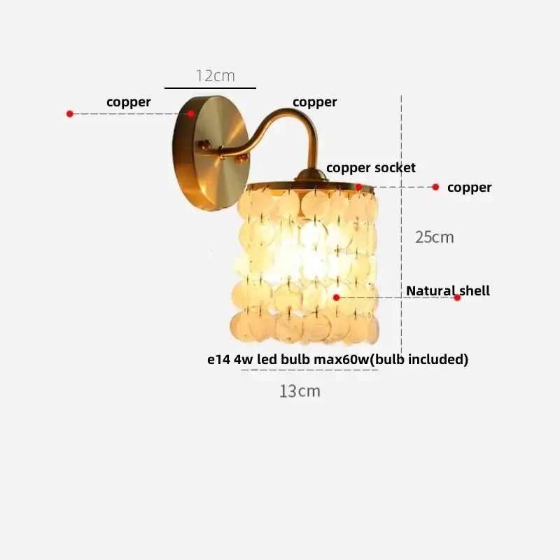 Nordic brass crystal glass led wall light bedroom pull chain sconce