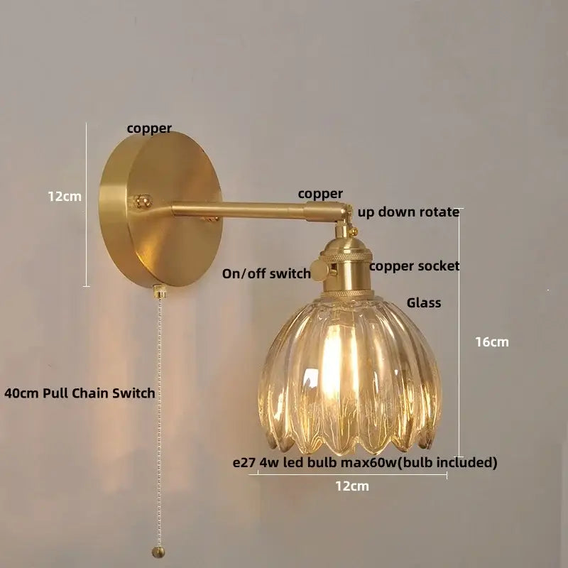 Nordic brass faceted clear glass wall lights bedroom sconce