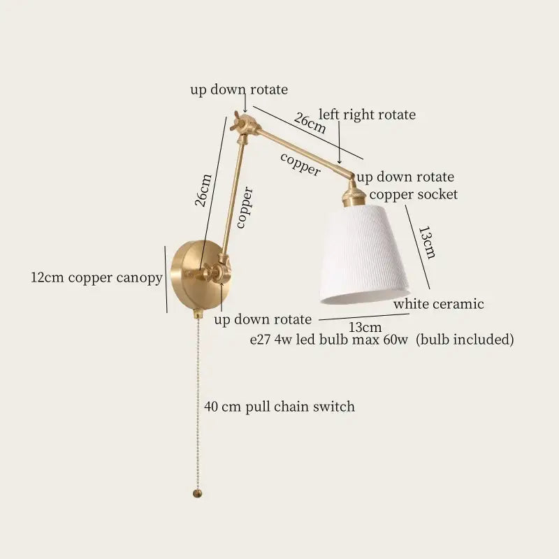 Nordic gold ceramic led wall lamp bedroom with ribbed glass shade