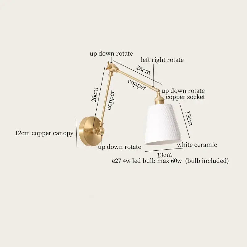 Nordic gold ceramic led wall lamp bedroom with ribbed glass shade