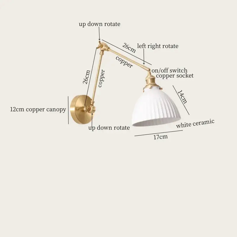 Nordic gold ceramic led wall lamp bedroom with ribbed glass shade