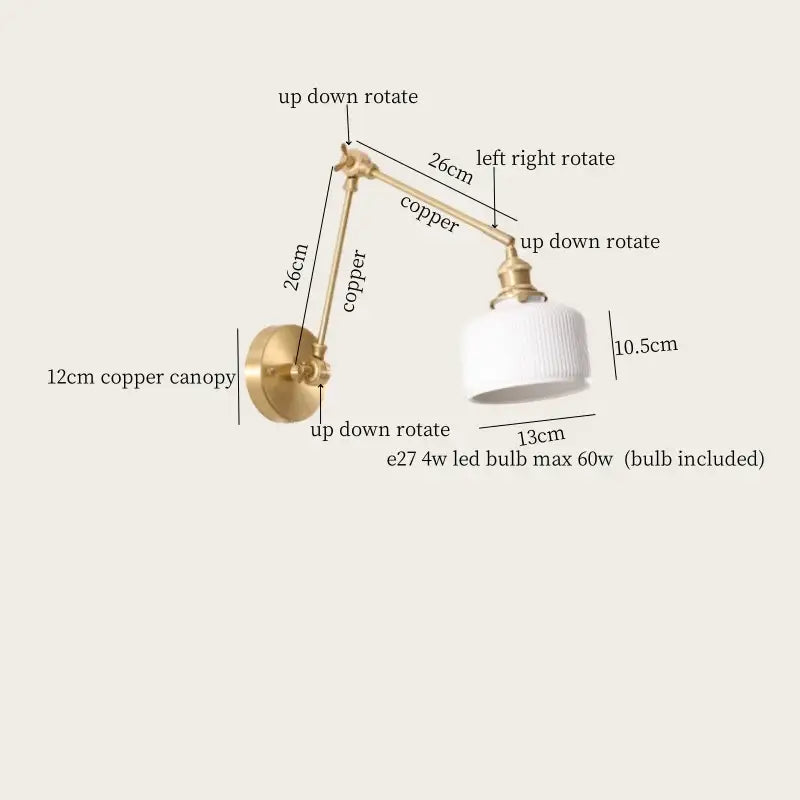 Nordic gold ceramic led wall lamp bedroom with ribbed glass shade