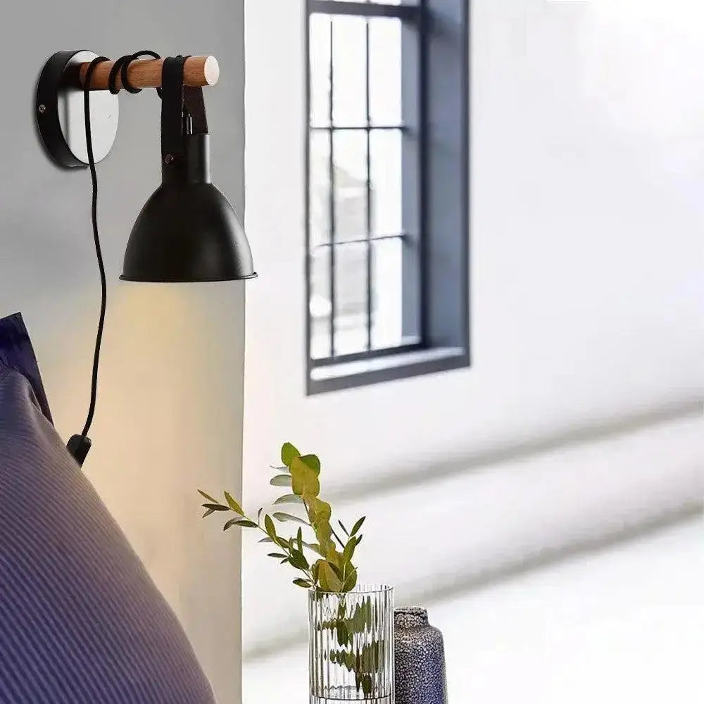 Black finish algunda plug wall sconce bedroom metal light with leather strap
