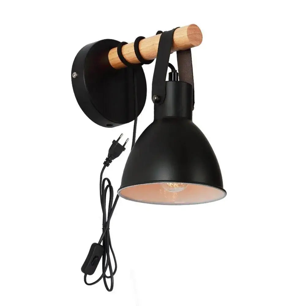 Black finish algunda plug wall sconce bedroom metal light with leather strap