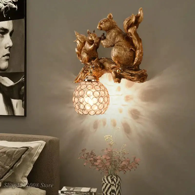 Nordic vintage style resin squirrel wall lamp bedroom light