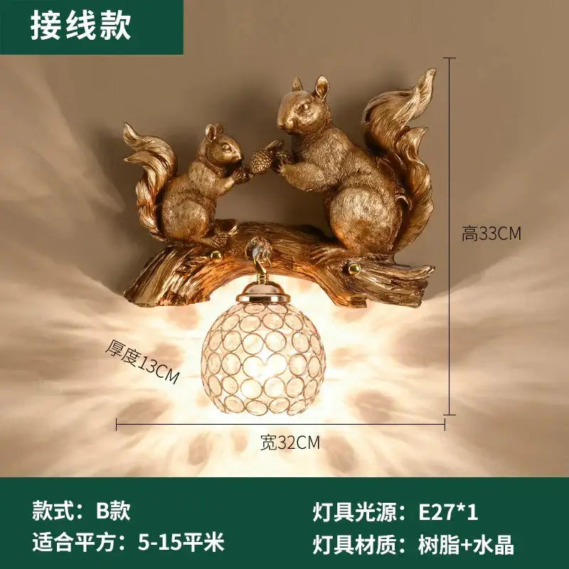 Nordic vintage style resin squirrel wall lamp bedroom light