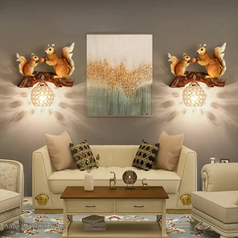 Nordic vintage style resin squirrel wall lamp bedroom light