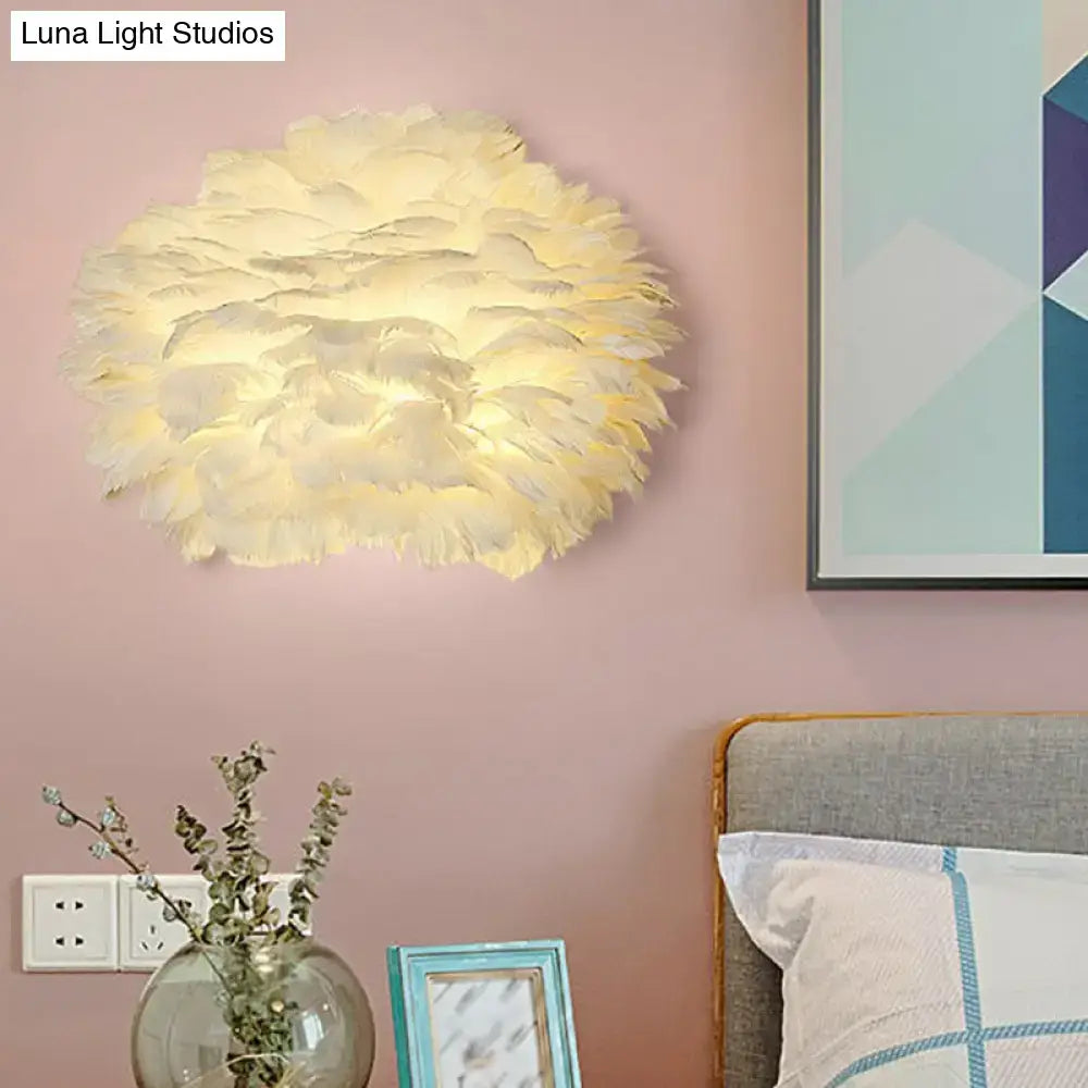Nordic white feather wall lamp bedroom flower light type