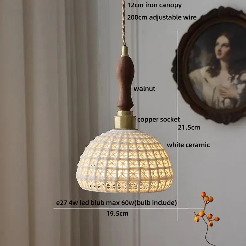 Nordic white glass and brown wood led pendant light dining room