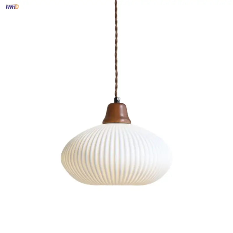Nordic white glass and brown wood led pendant light dining room
