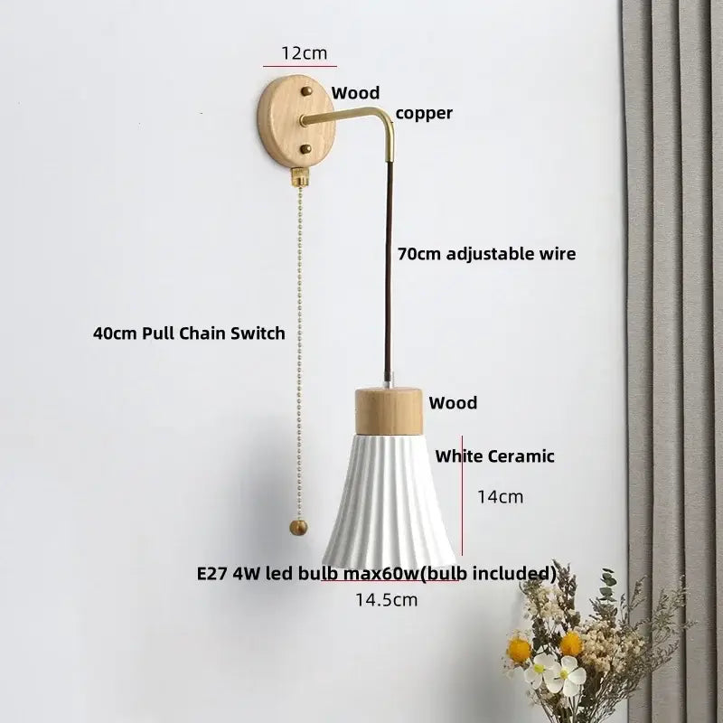Nordic white ribbed ceramic wood wall sconce – bedroom pull chain light